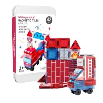 【mamayo 媽媽友】迷你磁力片-雲梯消防車(42pcs/附迷你車2pcs與收納鐵盒及說明書/旅行外出)