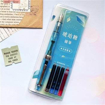 琥珀糖鋼筆－水波藍（含萬用F筆尖＋4管卡式墨水＋用鋼筆畫可愛生活插畫手帳）墨水管2.6mm口徑