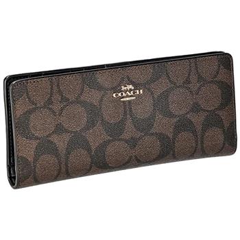 COACH 滿版LOGO防刮PVC皮革長夾－咖啡