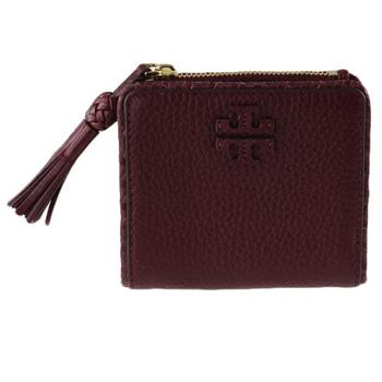 TORY BURCH 素面皮革流蘇短夾－酒紅