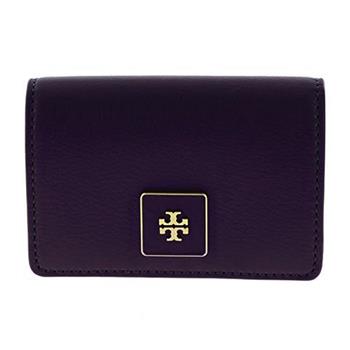 TORY BURCH 素面皮革卡片零錢包－深紫