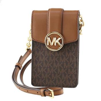 MICHAEL KORS 滿版LOGO皮革手機斜背包－咖啡