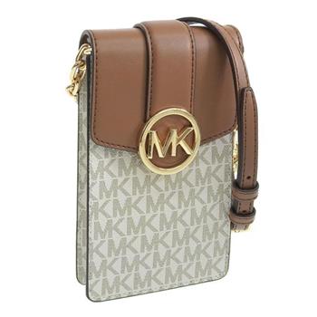MICHAEL KORS 滿版LOGO皮革手機斜背包－白駝