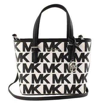 MICHAEL KORS 雙色滿版LOGO皮革托特兩用包－黑白