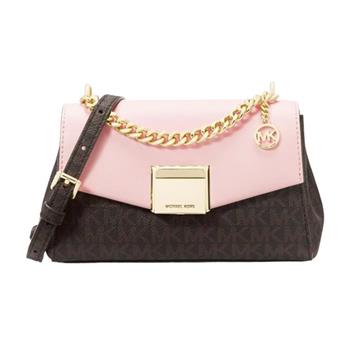 MICHAEL KORS 滿版LOGO皮革翻蓋斜背包－咖粉