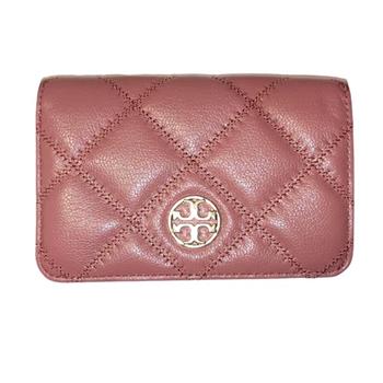 Tory Burch 素面菱格紋皮革中夾－玫粉