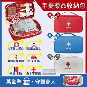 生活良品-家庭護理手提式雙拉鍊醫藥保健品大容量分類收納包1入/袋(車用旅行戶外防災防疫急救箱,居家用應急常備藥品包,本品不含醫療用品)