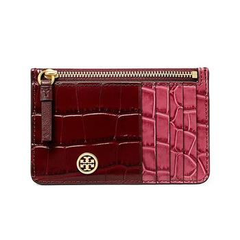 TORY BURCH 鱷魚紋皮革卡片零錢包－酒紅