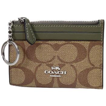 COACH 滿版LOGO拼接皮革卡片零錢包－卡其綠
