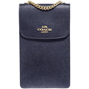 COACH 素面皮革斜背手機包－深藍