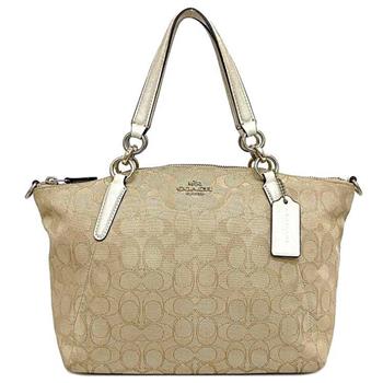 COACH 馬車LOGO皮革拼接織布托特包－卡白