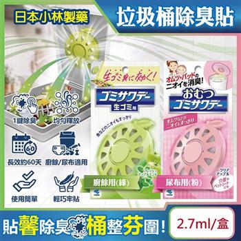 日本Kobayashi小林製藥-淨味芳香長效約60天垃圾桶專用蘋果造型除臭貼2.7ml/盒(廚餘去味清香貼/淨化空氣防異味香氛盒/尿布去味消臭擴香劑)