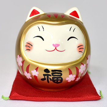 開運貓不倒翁 櫻花 金福 藥師窯日本正版 吉祥物 貯金箱 15cm kc282
