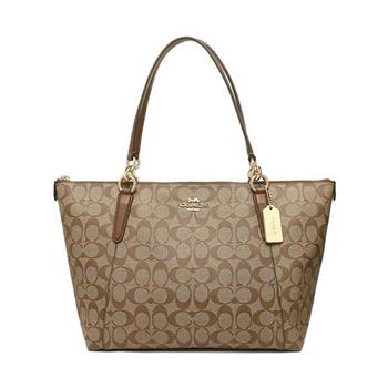 COACH 滿版LOGO皮革鍊帶托特包－卡駝