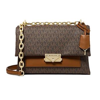 MICHAEL KORS 滿版LOGO皮革翻蓋鏈帶兩用包－咖駝