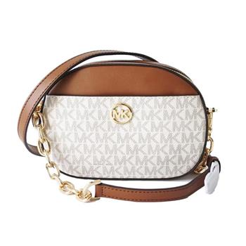 MICHAEL KORS 滿版LOGO拼接皮革斜背包－白駝
