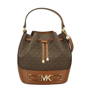 MICHAEL KORS 滿版LOGO拼接皮革兩用水桶包－咖駝