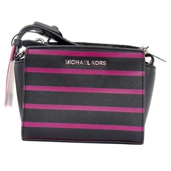 MICHAEL KORS 防刮皮革條紋斜背包－黑紫