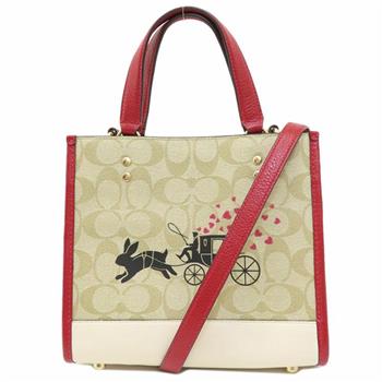COACH 滿版LOGO印花皮革托特兩用包－卡其紅