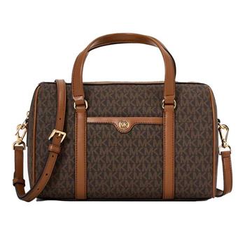 MICHAEL KORS 滿版LOGO拼接皮革兩用包－咖啡駝