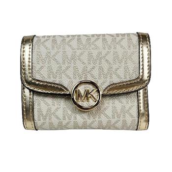 MICHAEL KORS 滿版LOGO－PVC拼接皮革三摺短夾－白