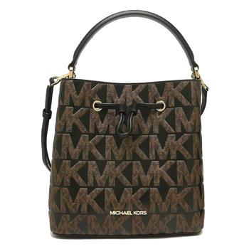 MICHAEL KORS 浮雕LOGO皮革大水桶包－咖黑