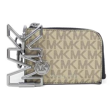 MICHAEL KORS 滿版LOGO帆布拉鍊卡夾零錢包－亞麻