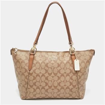 COACH 滿版LOGO皮革托特包－卡其駝色