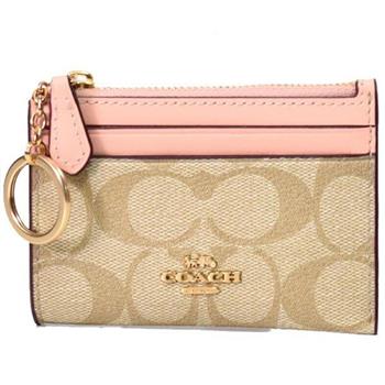 COACH 滿版LOGO拼接皮革卡片零錢包－米粉