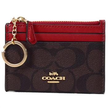 COACH 滿版LOGO拼接皮革卡片零錢包－咖紅
