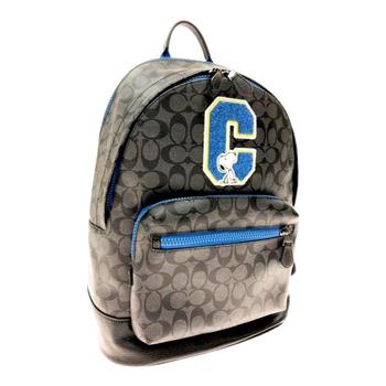 COACH史努比聯名款滿版LOGO皮革後背包－黑灰