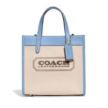 COACH 拼接皮革手提小托特包－米白藍邊