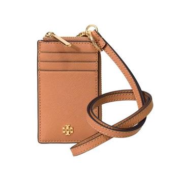 TORY BURCH 十字文防刮皮革卡片包/零錢包－焦糖