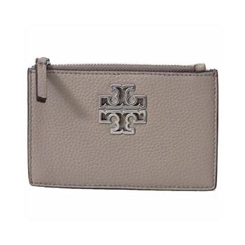 TORY BURCH 真皮素色拉鍊卡片零錢包－大象灰/銀