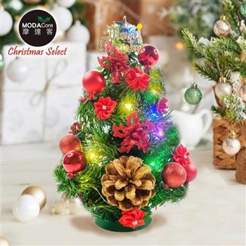 摩達客-台灣製1尺30cm精緻綠色聖誕樹_聖誕花松果雙紅系裝飾品組_免組裝+20燈LED銅線燈串彩光-USB電池盒兩用充電_本島免運費