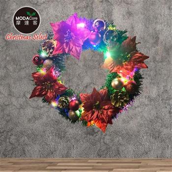 摩達客14吋浪漫朵朵聖誕花豪華綠色聖誕花圈福臨圈_紅金系+20燈LED彩光燈串