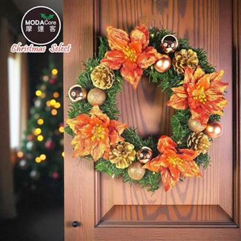 摩達客14吋浪漫朵朵聖誕花豪華綠色聖誕花圈福臨圈_珊瑚紅橙金系_台灣工藝免組裝