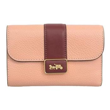 COACH 馬車LOGO荔枝紋皮革中夾-粉桔