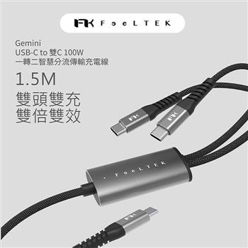 【Feeltek】Gemini USB-C to 雙C 100W 一轉二智慧分流傳輸充電線1.5m