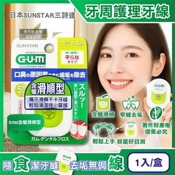 日本SUNSTAR三詩達-GUM去齒垢牙周護理牙線1入/1盒-50M含蠟滑順型(狹窄齒縫用扁平潔牙線/牙縫殘渣清潔線/彈力尼龍好抽取便攜剔牙工具)